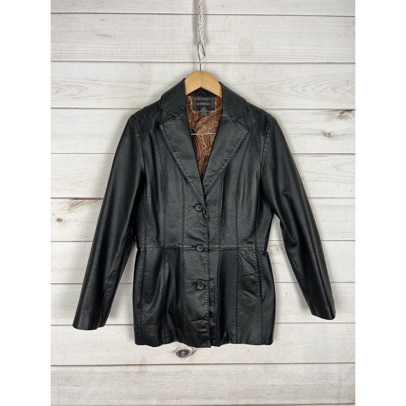George Jackets & Blazers - George Leather Jacket Womens S Black Button Front Blazer Mid Length Lined Y2K